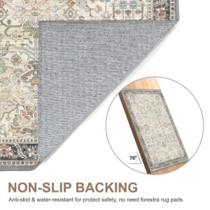 Bavni 8x10 Area Rugs for Living Room, Machine Washable Rug Lightweight Low Pile, Chenille Non Slip Rug Boho Print Decorative Carpet for Bedroom Dinning Room, Ivory/Teal