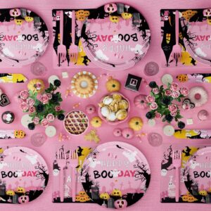 Fiesec Happy Boo Day Party Supplies Tableware Set, Pink Halloween Party Decorations for Girl, Trick or Treat Pumpkin Ghost Face Plates, Napkins, Forks, Serves 24 Guests