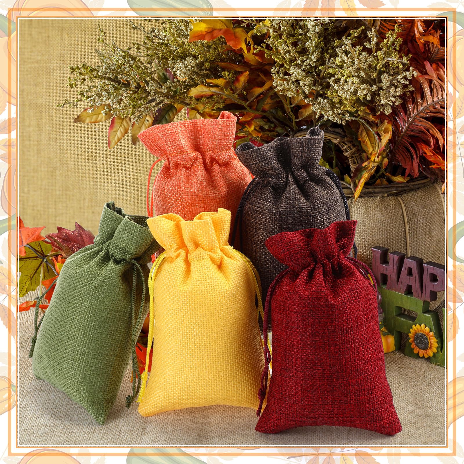 Sweetude 30 Pcs Fall Burlap Gifts Bags with Drawstring 4 x 6 Inch Autumn Goodies Bags Thanksgiving Candy Treat Gifts Bags Fall Harvest Party Favor Bags for Wedding Baby Shower Birthday Decoration