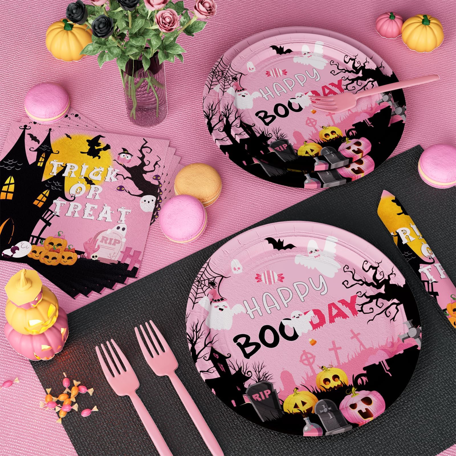 Fiesec Happy Boo Day Party Supplies Tableware Set, Pink Halloween Party Decorations for Girl, Trick or Treat Pumpkin Ghost Face Plates, Napkins, Forks, Serves 24 Guests