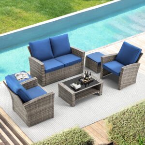 gyutei 6 piece patio furniture set clearance, outdoor sectional conversation rattan sofa set with ottoman and outdoor storage table for garden, porch, backyard (navy blue)