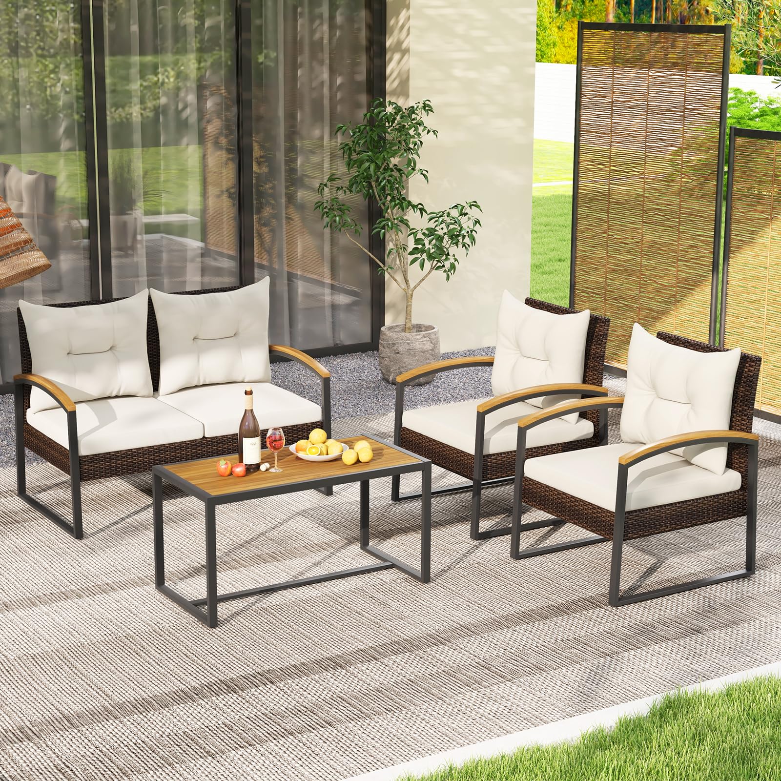 Tangkula 4 Piece Patio Conversation Set, with Heavy Duty Solid Acacia Wood Armrests & Tabletop, Outdoor Cushioned Wicker Furniture Set for Backyard, Poolside, Lawn, Blacony (1, Off White)