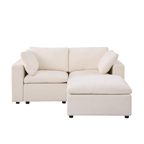 2 Seater Love Seat Modular Sectional Sofa with Ottoman, Chenille Upholstered Cloud Couch Full Foam Cushions Loveseat with Pillows for Home, Apartment Living Room