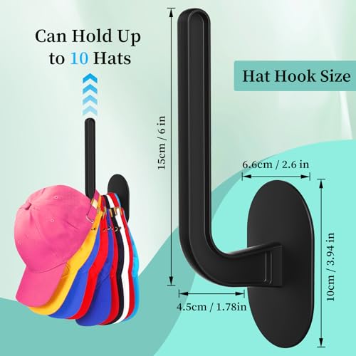 Eiito Hat Hooks for Caps Storage-4Pack,Multi-Purpose Hat Organizer,Strong Adhesive Hat Racks for Wall, Two Mounting Options RV Organization and Storage Cap Hanger(Black)