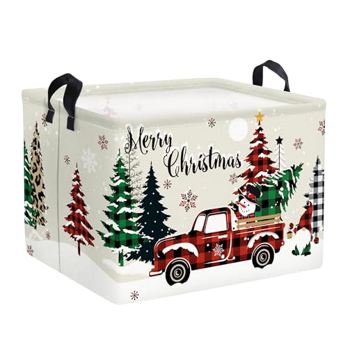 Clastyle Large Plaid Truck Christmas Tree Basket Snowman Gnome Merry Christmas Gift Basket Kid Leopard Spots Snowflate Book Shelf Basket Rectangle Toy Clothes Nursery Storage Cube