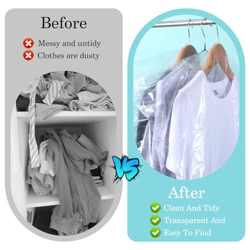 cobee 60x90 cm Garment Bags for Hanging Clothes, 12 Packs Plastic Dry Cleaner Bags, Hanging Dust-Proof Clothing Protector Covers for Long Dresses, Suit, Coat Closet Clothes Storage