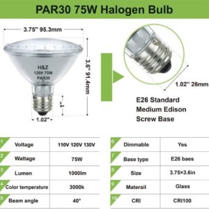 H&Z Par30 Short Neck, 6 Pack High Output Par30s Halogen 75W 120V, Par30 Dimmable Warm White 3000K, 75W Par30 Flood Light with E26 Medium Base for Recessed Trim Lighting, Track Light