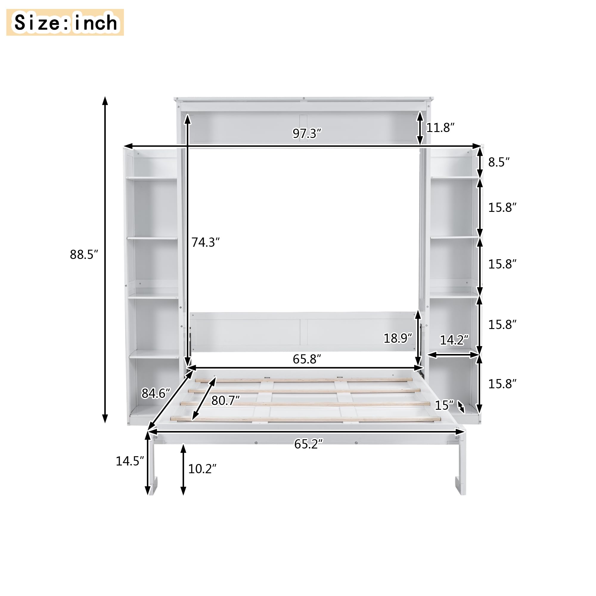 Merax Queen Size Murphy Bed, Queen Wall Bed Frame with Shelves and LED Lights, White