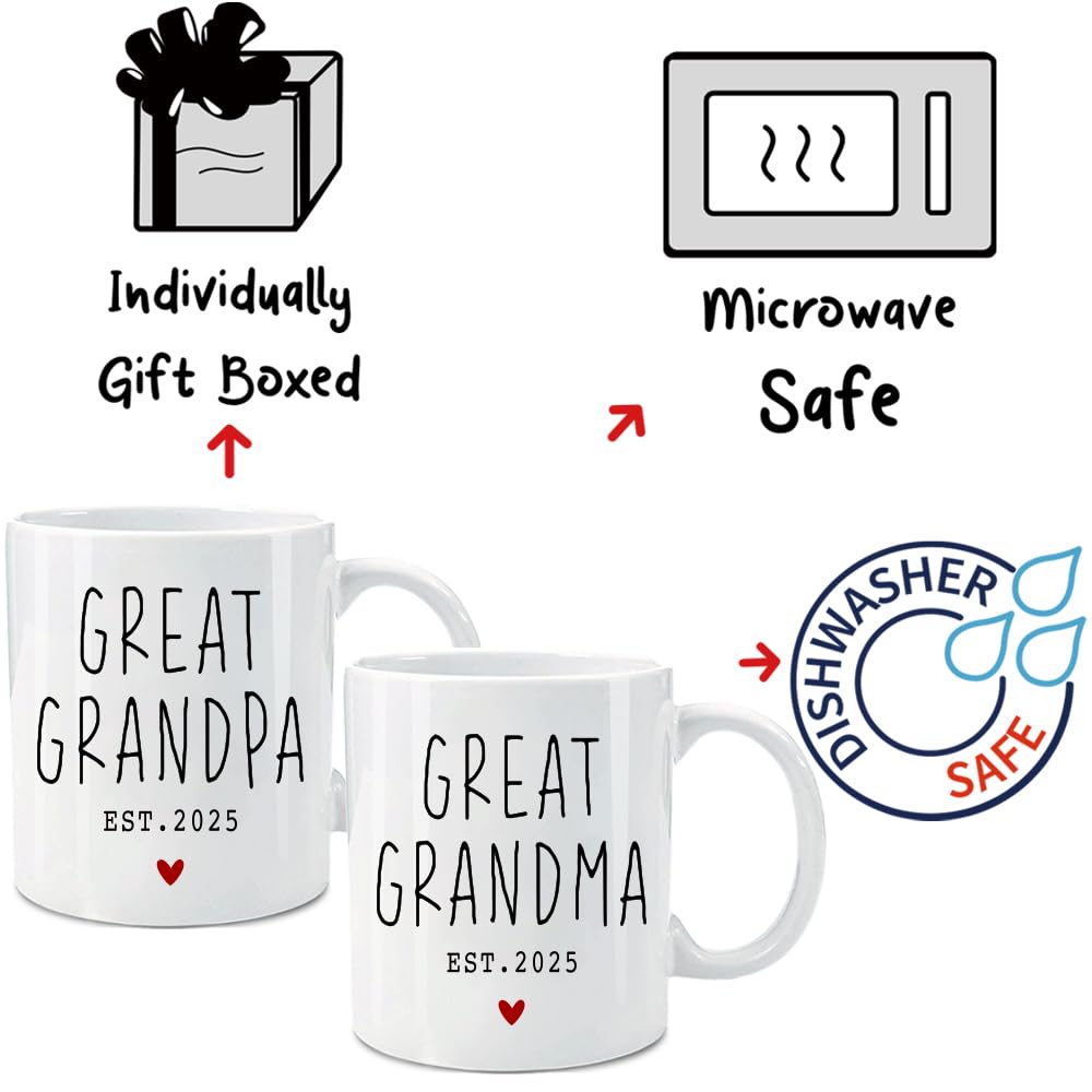 VLUG Great Grandparents Est 2025 Mugs Set, Est 2025 New Grandparents Gift, Pregnancy Announcement Pregnancy Reveal Mug, New Grandma Grandpa Gift, First Time Grandparents Gift (white)