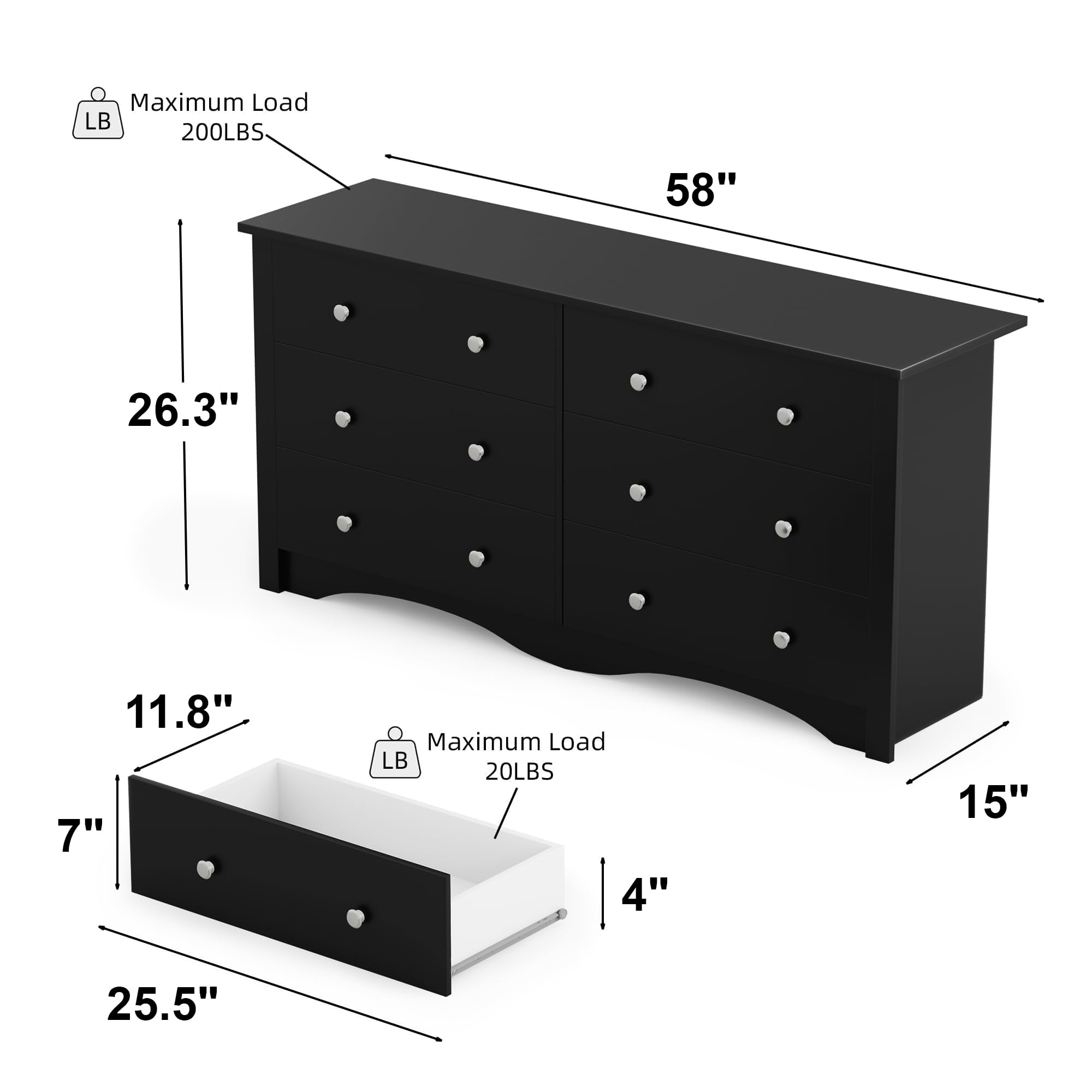 Flamaker 6 Drawer Dresser Chests for Bedroom, Storage Dressers Organizer with Anti-Tilt Devices, Modern Wide Wood Chest of Drawers for Living Room Hallway Entryway (Black)