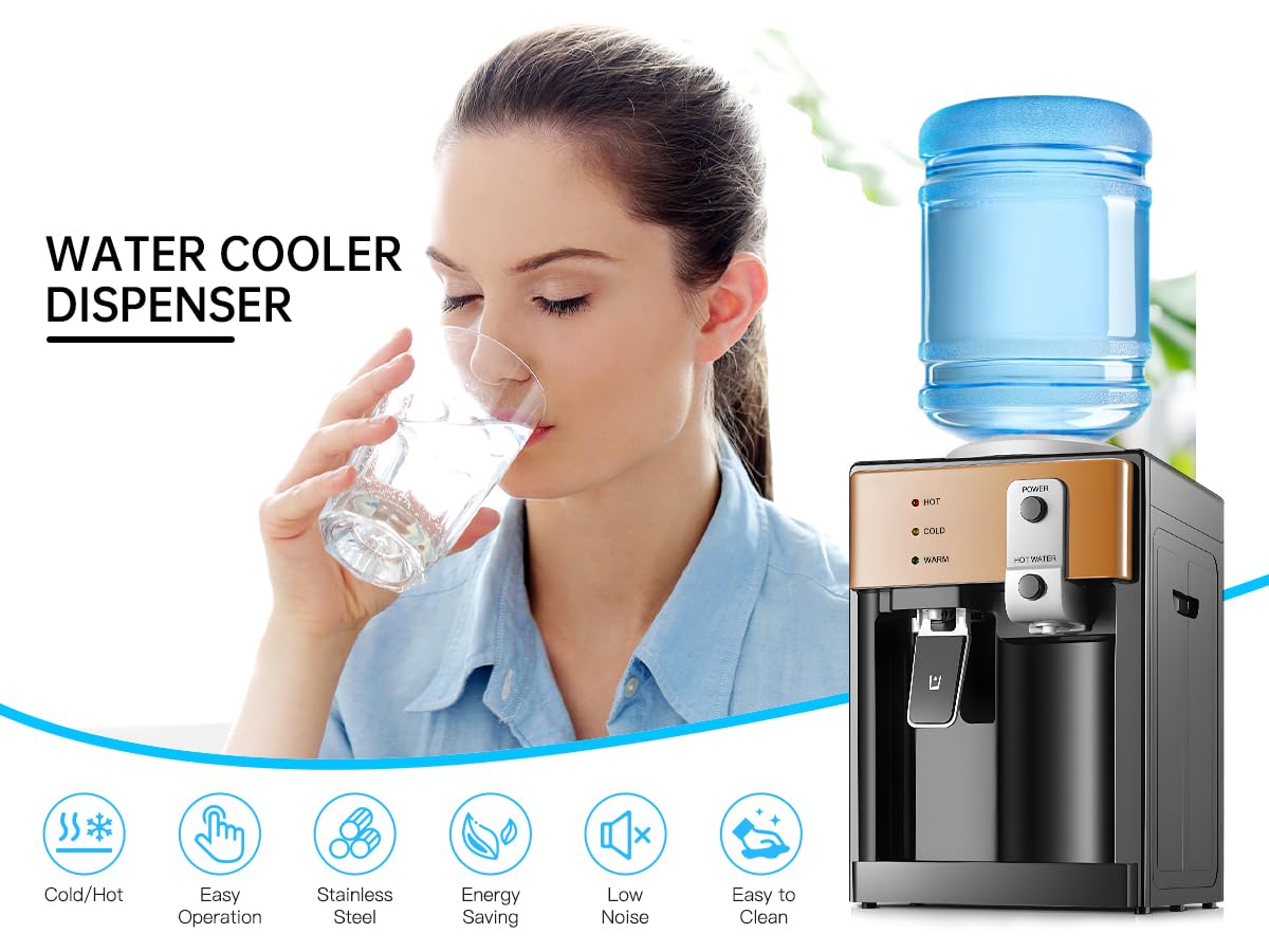 Water Dispenser, Top Loading Water Cooler for 1.2 to 5 Gallon, 3 Temperature Settings Room Temperature Water Cold Hot Water Dispenser, Bedside Water Dispenser for Home, Office, Dormitory Use