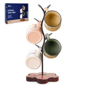 yarkeesky mug holder, countertop mug tree, leaf shaped coffee mug tree with wooden base, 4 hooks coffee cup holder for counter, coffee counter bar accessory & kitchen organizer, brown