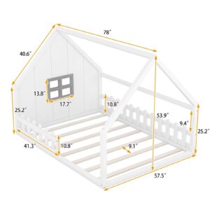 Merax Full Size House Bed for Kids,Wood Montessori Floor Bed with Fence and Window,Full Floor Bed with Rails for Girls Boys, White