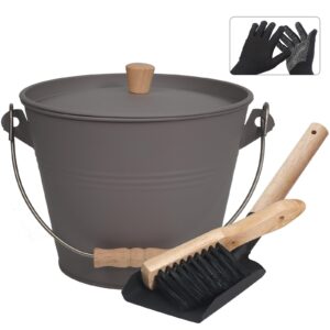 poofzy ash bucket with lid, 1.3 gallon ash bucket for fireplace, metal fireplace bucket for ashes includes shovel and hand broom for wood burning stove and fire pit - gray