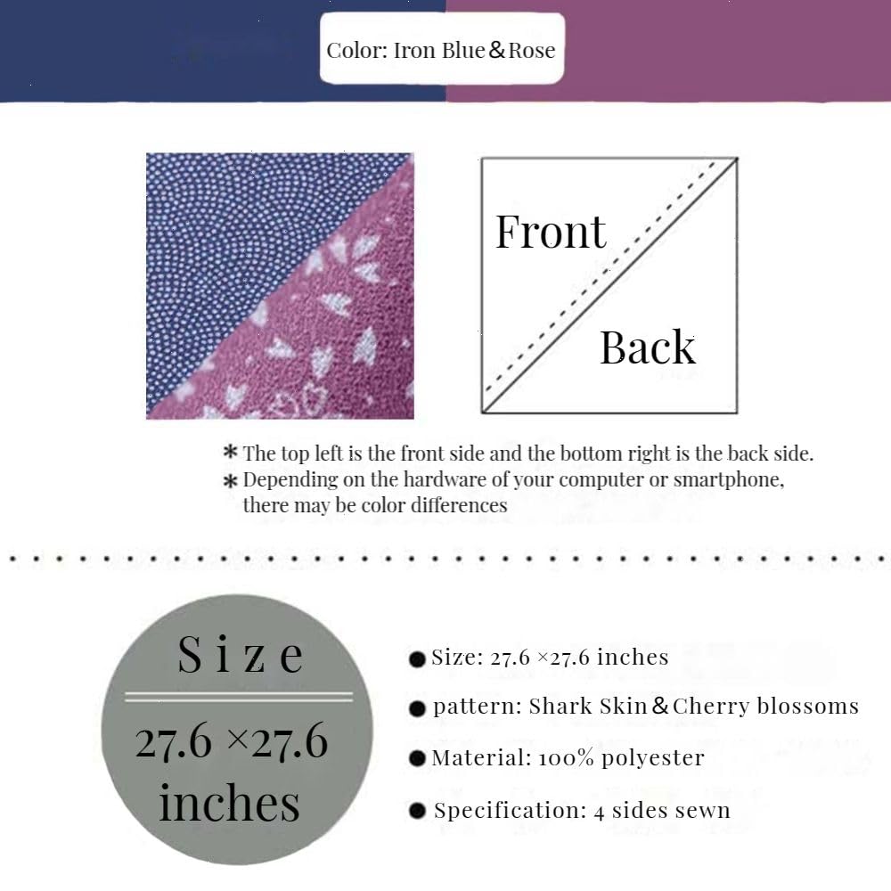 Furoshiki Japanese Wrapping Cloth Eco Gift Wrap Paper Reversible Shark Skin Cherry blossoms Pattern, Eco-bag Bento Lunch Cake Wine Bottle Box Kimono Cover (Iron Blue and Rose, 27.6 x 27.6 inches)