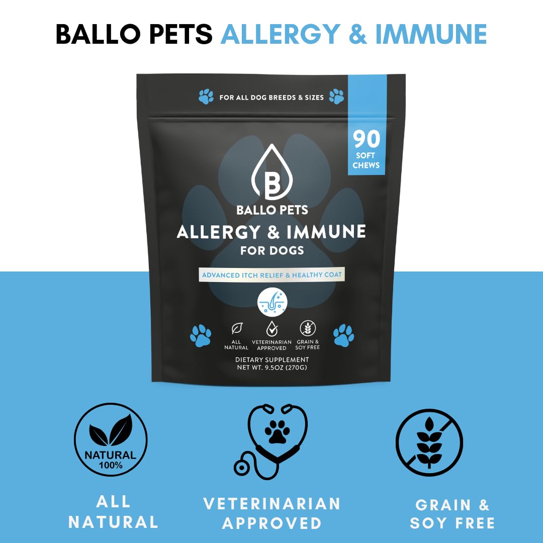 Ballo Pets Allergy & Immune Chews for Dogs - Itch Relief for Dogs - Dog Seasonal Allergies- Skin and Coat Supplement - Omega 3, Pumpkin Powder, Turmeric Root, Quercetin- 90 Soft Chews- Salmon Flavor