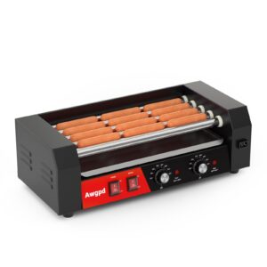 awgpd hot dog roller 5 rollers 12 hot dogs capacity, 750w stainless sausage grill cooker machine with dual temp control,removable drip tray for party home commercial (5 roller)