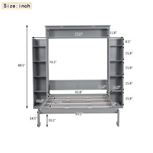 Merax Queen Size Murphy Bed, Queen Wall Bed Frame with Shelves and LED Lights, Gray