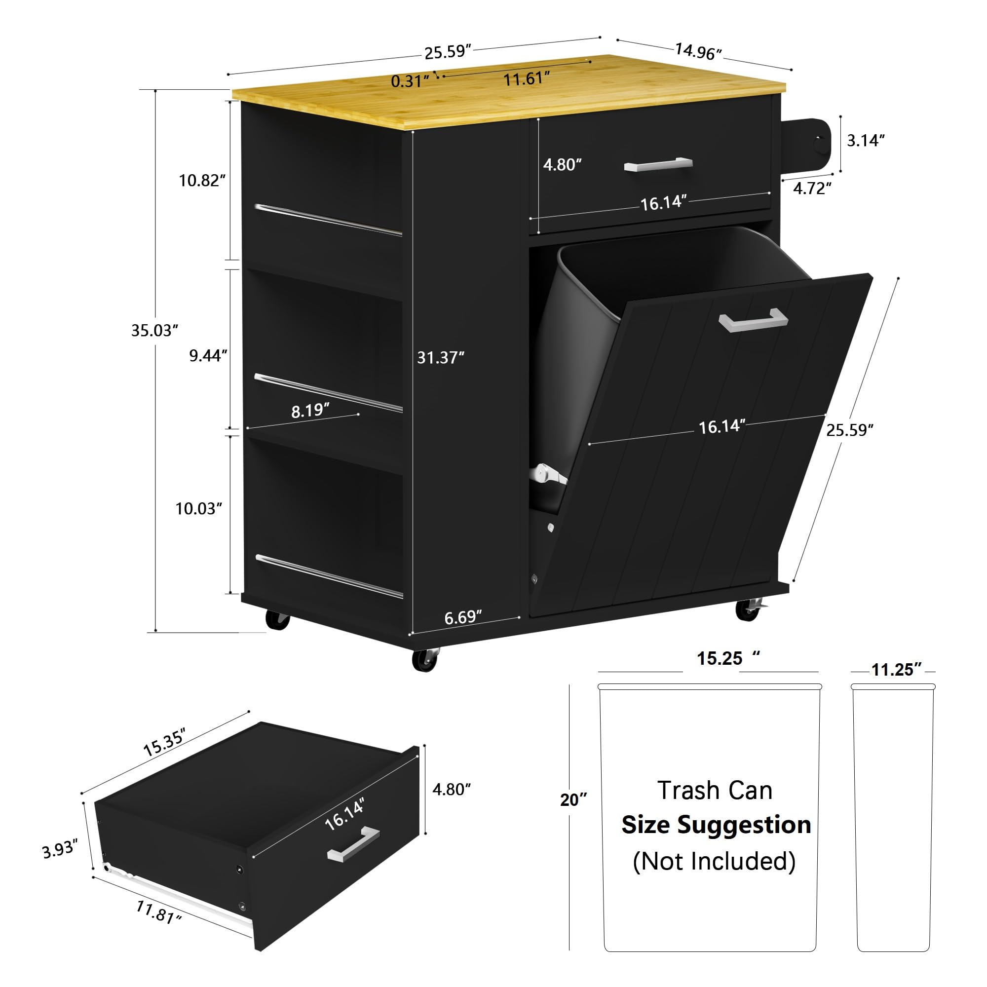 HQZX Rolling Kitchen Island with Trash Can Storage, Portable Kitchen Island on Wheels with Towel Rack & Spice Rack, Tilt Out Trash Can Cabinet with Drawer, Mobile Kitchen Island Cart for Kitchen Black