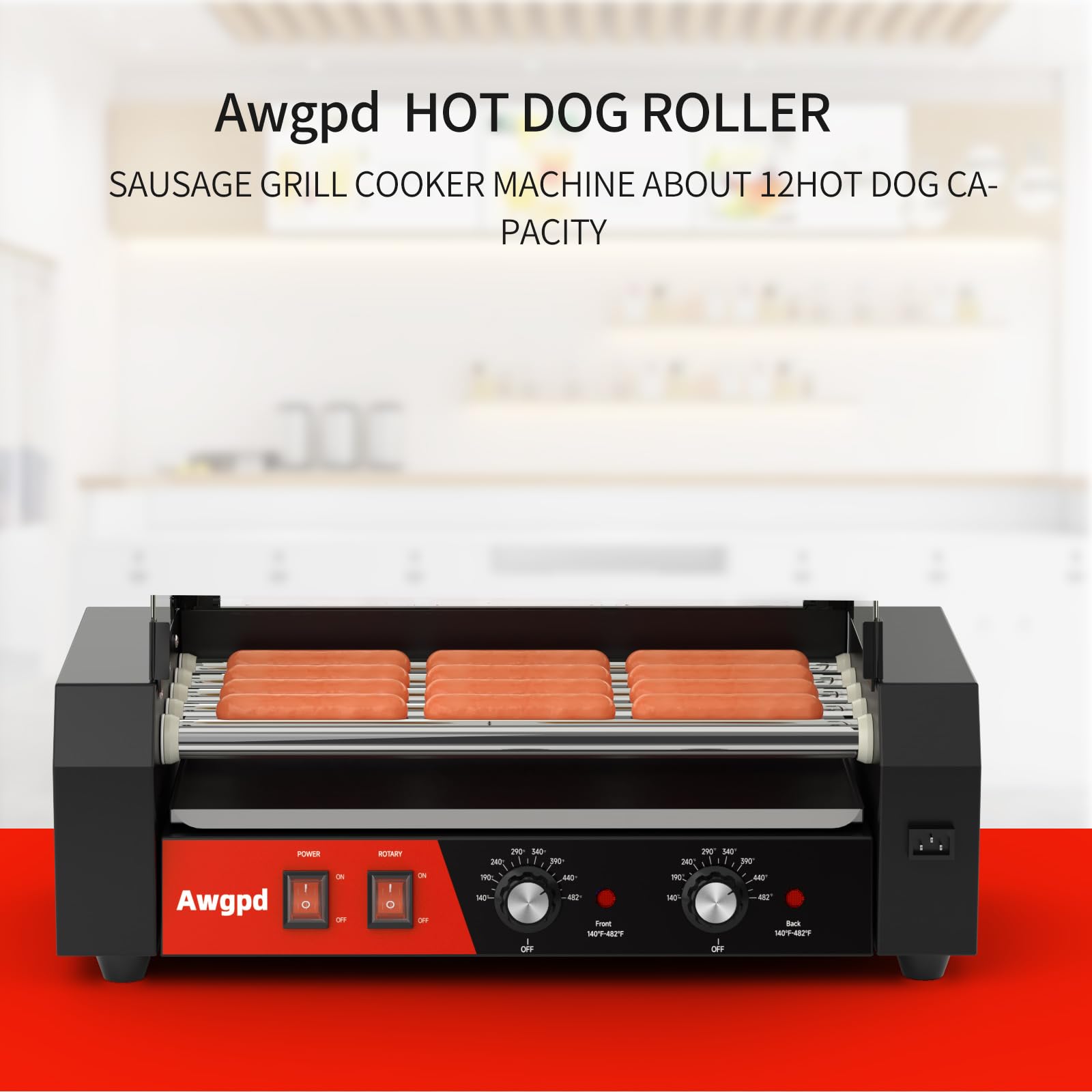 Awgpd Hot Dog Roller 5 Rollers 12 Hot Dogs Capacity, 750W Stainless Sausage Grill Cooker Machine with Dual Temp Control,Removable Drip Tray for Party Home Commercial (5 Roller)