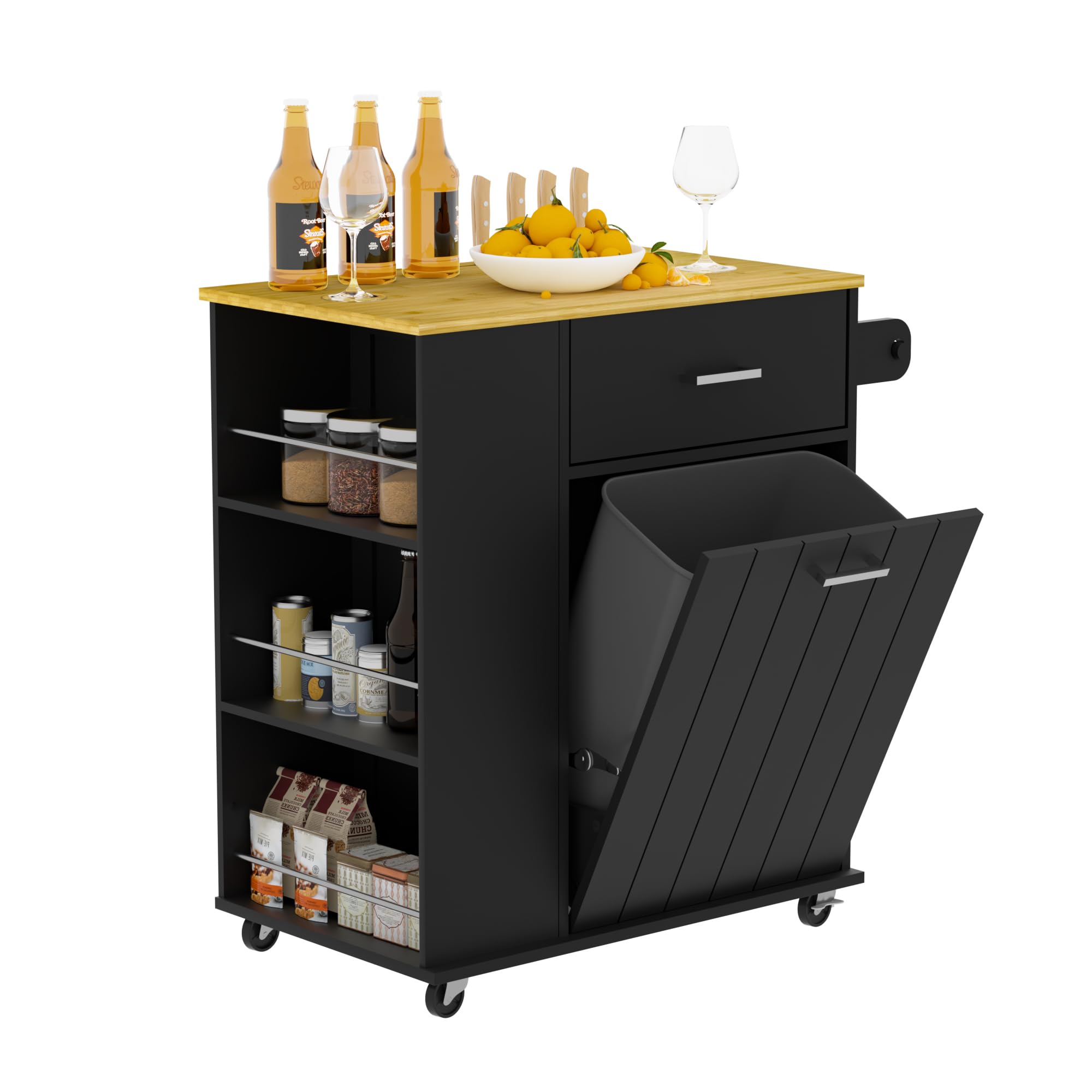 HQZX Rolling Kitchen Island with Trash Can Storage, Portable Kitchen Island on Wheels with Towel Rack & Spice Rack, Tilt Out Trash Can Cabinet with Drawer, Mobile Kitchen Island Cart for Kitchen Black