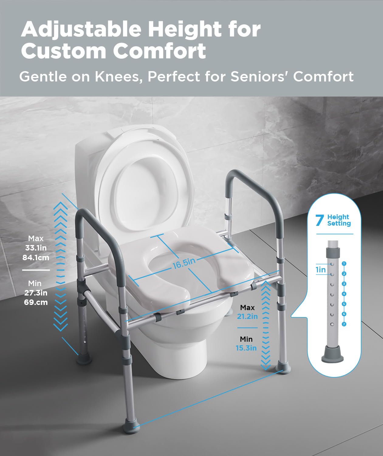 Raised Toilet Seat with Handles, Toilet Seat Risers for Seniors with Adjustable Height & Width, Up to 500 lbs, Elevated Stable Toilet Seat for Seniors, Handicapped, Pregnant, Fits Any Toilet