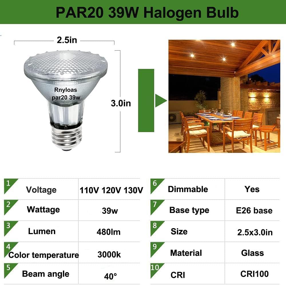 H&Z PAR20 Flood 39W 120V 480 Lumens, High Output 9 Pack 39W PAR20 Halogen Bulb (Equivalent PAR20 50W Halogen Bulb), Long Lasting PAR20 Flood 39W 120V with 3000K Warm White, PAR20 E26 Dimmable