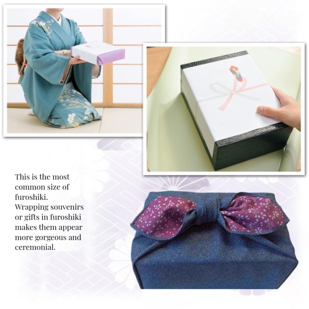 Furoshiki Japanese Wrapping Cloth Eco Gift Wrap Paper Reversible Shark Skin Cherry blossoms Pattern, Eco-bag Bento Lunch Cake Wine Bottle Box Kimono Cover (Iron Blue and Rose, 27.6 x 27.6 inches)