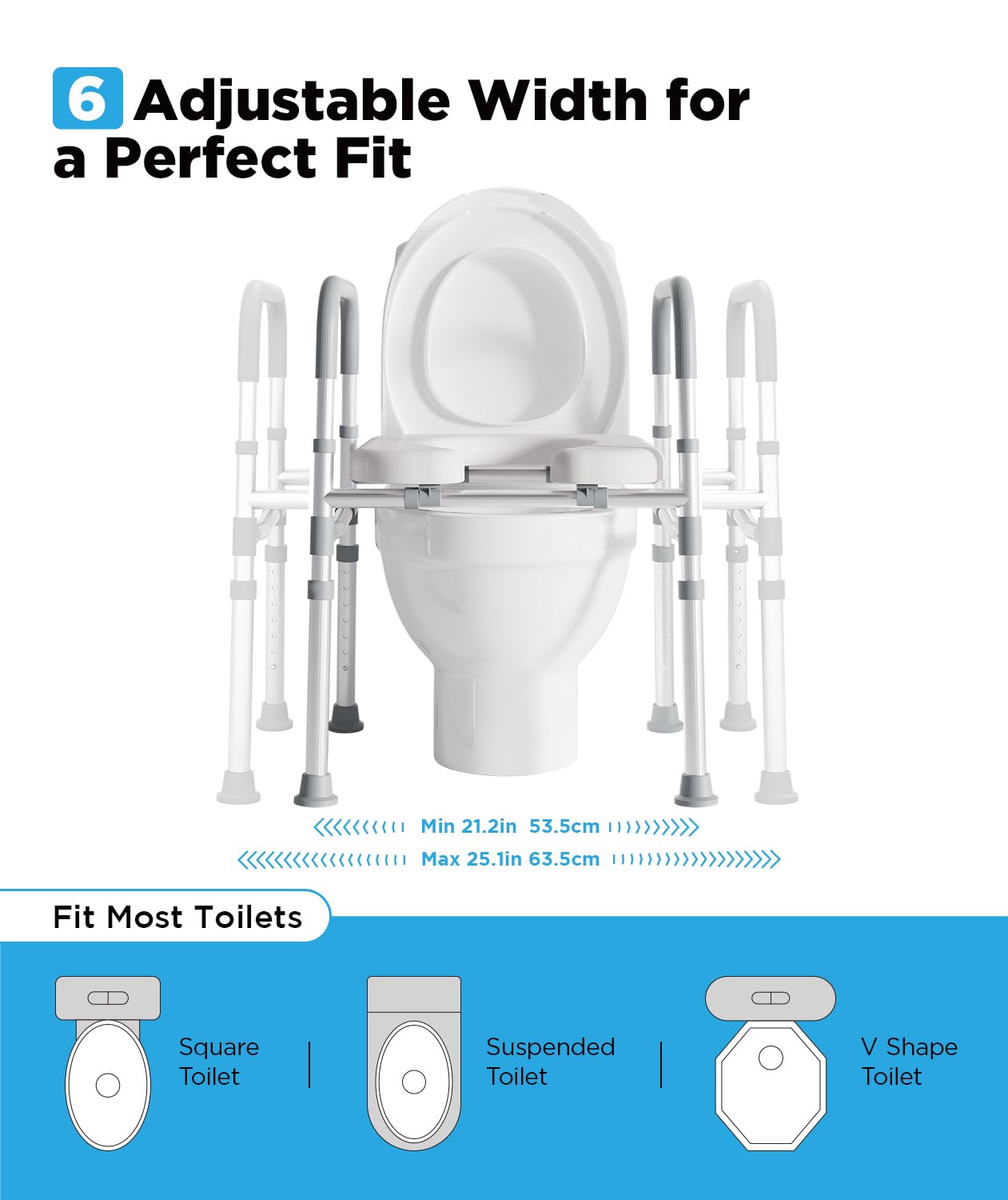 Raised Toilet Seat with Handles, Toilet Seat Risers for Seniors with Adjustable Height & Width, Up to 500 lbs, Elevated Stable Toilet Seat for Seniors, Handicapped, Pregnant, Fits Any Toilet