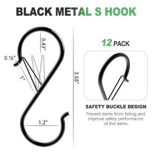 12 Pcs S Hooks for Hanging, 3.5-inch Heavy Duty Metal S Hook (Safety Buckle) Ceiling Hooks for Hanging Plants, S Hook with Clip Pot Rack Hooks, Closet Hooks and Kitchen Utensils (Black)