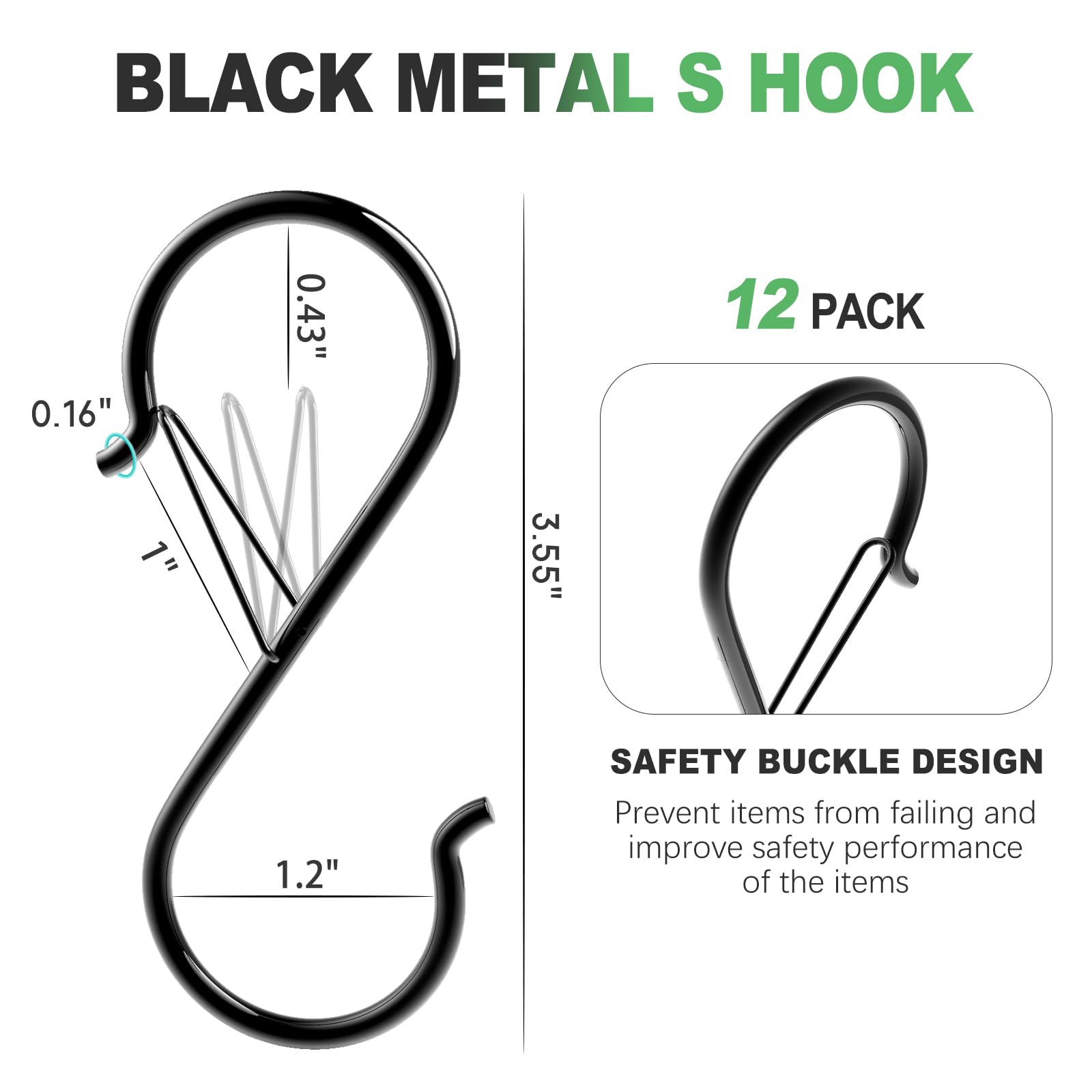 12 Pcs S Hooks for Hanging, 3.5-inch Heavy Duty Metal S Hook (Safety Buckle) Ceiling Hooks for Hanging Plants, S Hook with Clip Pot Rack Hooks, Closet Hooks and Kitchen Utensils (Black)