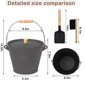 Poofzy Ash Bucket with Lid, 1.3 Gallon Ash Bucket for Fireplace, Metal Fireplace Bucket for Ashes Includes Shovel and Hand Broom for Wood Burning Stove and Fire Pit - Gray