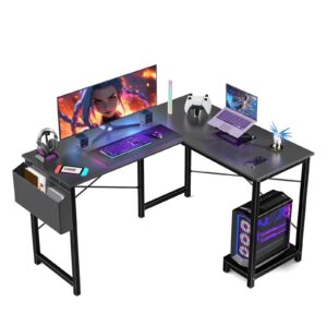 l-shaped wooden pc desk for gaming and work - 50 inch writing space-saving corner table with cpu storage shelf, side bag, home, office, black