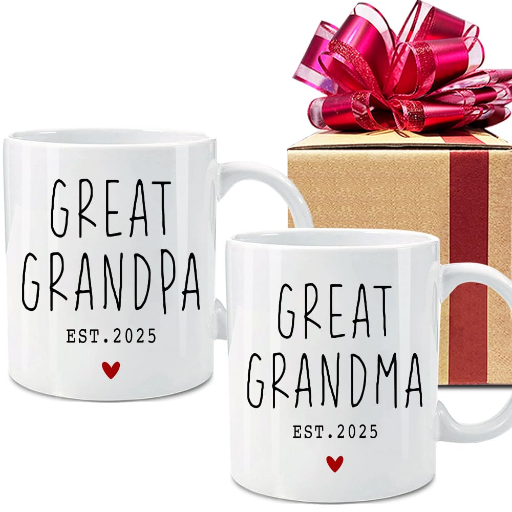 VLUG Great Grandparents Est 2025 Mugs Set, Est 2025 New Grandparents Gift, Pregnancy Announcement Pregnancy Reveal Mug, New Grandma Grandpa Gift, First Time Grandparents Gift (white)