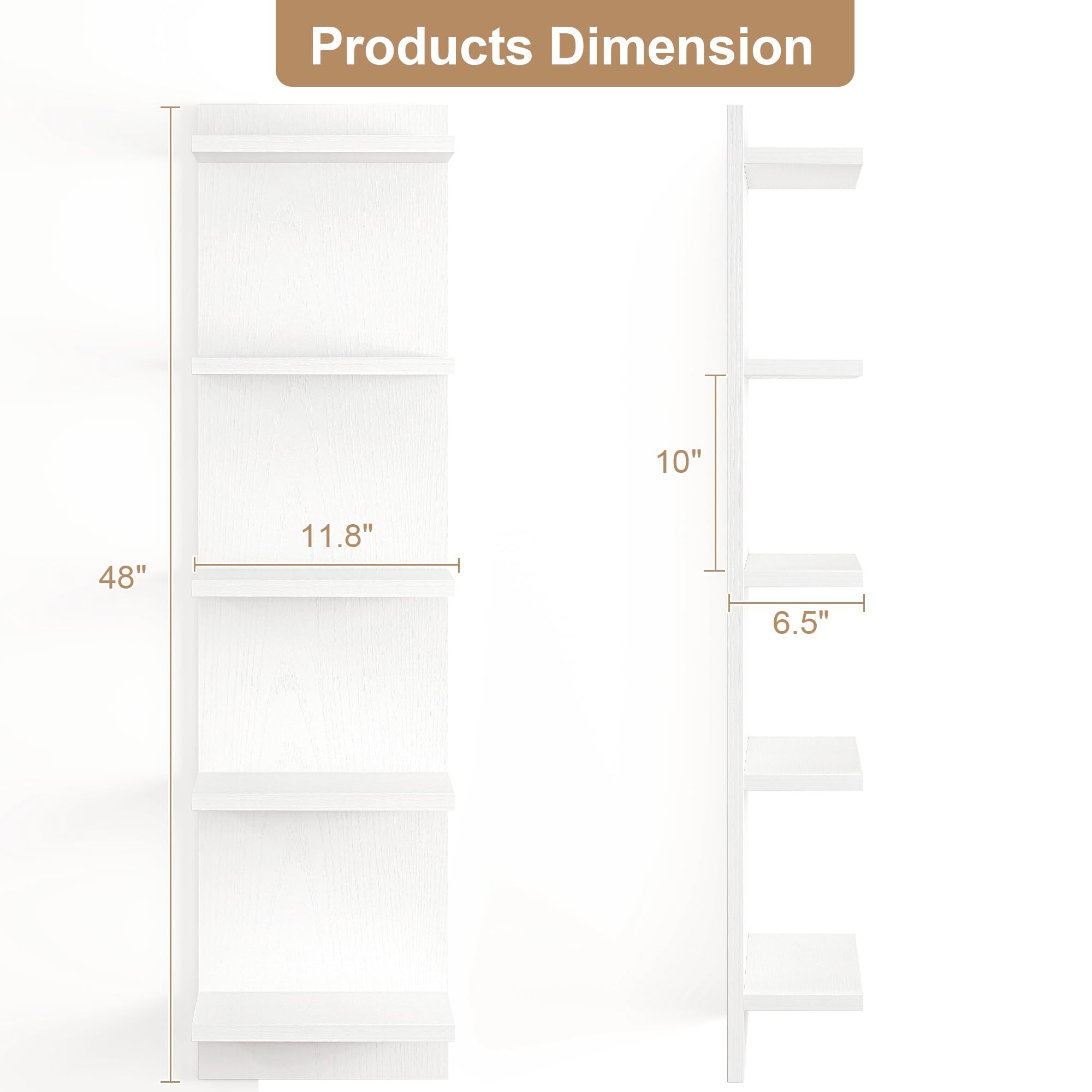 Fun Memories 5 Tier Wall Shelf Unit, Decorative Wall Mount Vertical Shelving, Floating Storage Home Decor Organizer Tall Tower Design Utility Shelving Bedroom Living Room, White