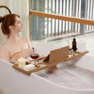 MaoChang Bathtub Tray, Adjustable Bathtub Rack, Made of Waterproof and Anti Fall Plastic with Mirror and Non-Slip Adhesive Strip on The Bottom, Ladies Favorite Gift Cherry