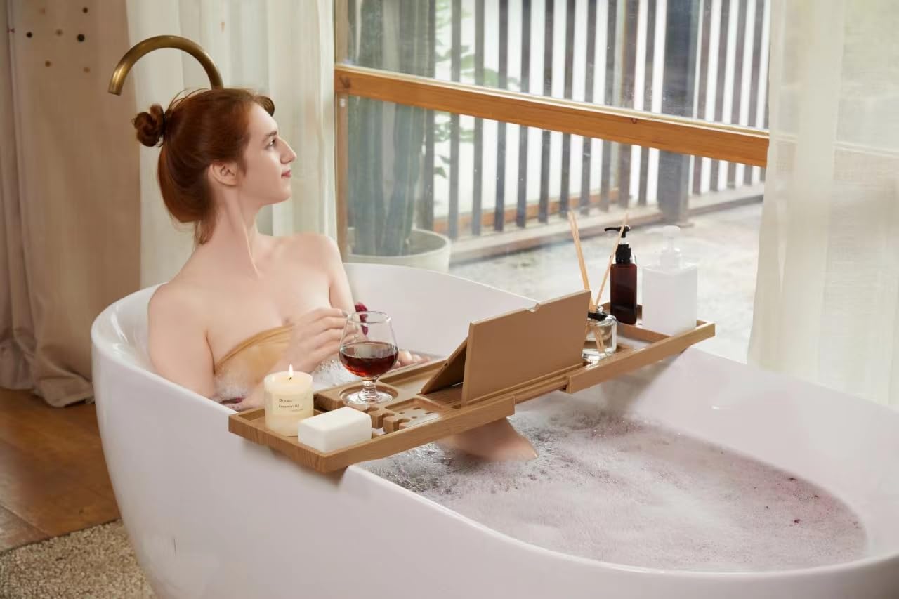 MaoChang Bathtub Tray, Adjustable Bathtub Rack, Made of Waterproof and Anti Fall Plastic with Mirror and Non-Slip Adhesive Strip on The Bottom, Ladies Favorite Gift Cherry