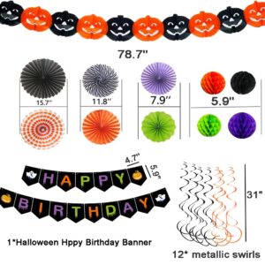 Halloween Birthday Party Decorations Happy Birthday Banner Black Orange Purple Green Paper Fans Pom Poms Swirl Streamers Pumpkin Garland for Halloween Birthday Ceiling Hanging Office Decorations ﻿