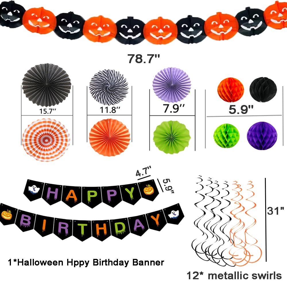 Halloween Birthday Party Decorations Happy Birthday Banner Black Orange Purple Green Paper Fans Pom Poms Swirl Streamers Pumpkin Garland for Halloween Birthday Ceiling Hanging Office Decorations ﻿