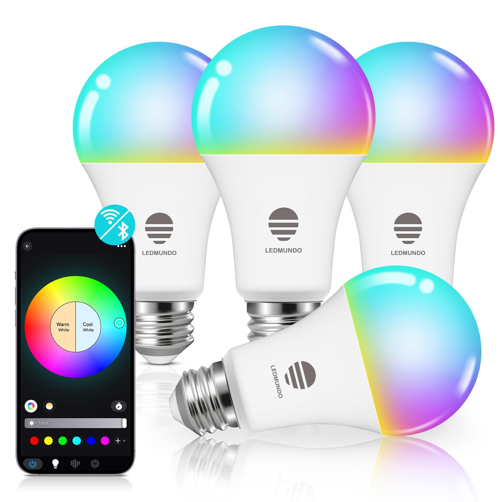 Smart Light Bulbs, Smart Bulb Compatible with Alexa & Google Home, LED Light Bulbs Color Changing, Multi-Dynamic Scene, Music Sync, A19 E26 2.4GHz RGBTW WiFi & Bluetooth Light Bulb 60W, 800LM, 4Pack