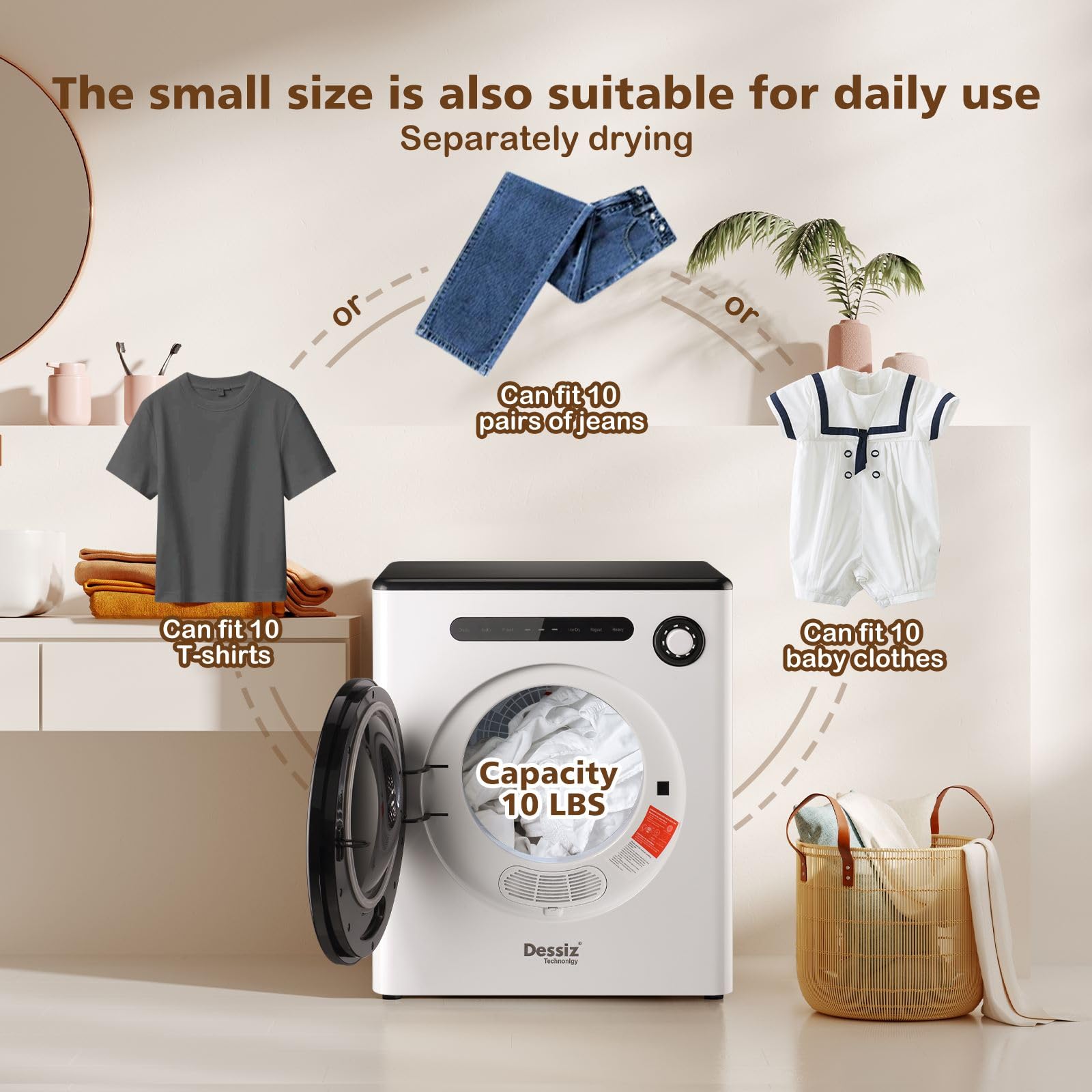 Dessiz 110V Portable Clothes Dryers 970W Compact Dryer 1.6cu.ft Front Load Stainless Steel Electric Dryers Machine with Exhaust pipe for Apartment,RVs,Dorms,Auto Stop and Easy Control