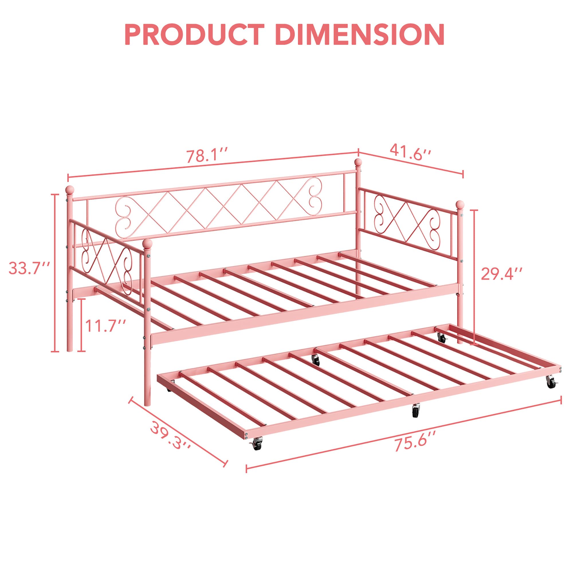 GarveeHome Twin Metal Daybed with Trundle, Premium Steel Slat Support, Space Saving Trundle Sofa Bed for Living Room, Bedroom and Guest Room, Pink