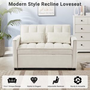 Skepphlay 3 in 1 Convertible Sofa Bed, Pull Out Couch, Loveseat Sleeper with Adjustable Backrest Chaise Lounge with 2 Pockets and 2 Pillows for Living Room Apartment, White