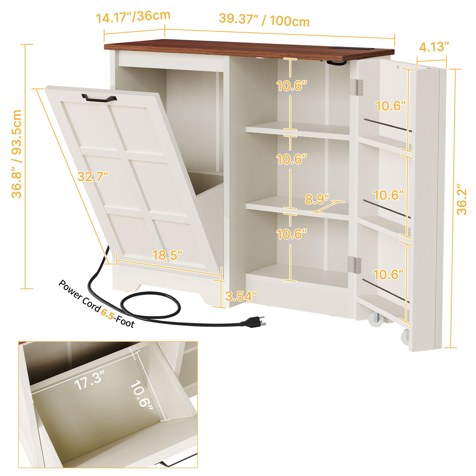 DWVO Tilt Out Trash Cabinet, 13 Gallon Cabinet Trash Can with Outlet/Adjustable Shelves, Hidden Pull Out Trash Bin Cabinet, Kitchen Island with Trash Can Storage, White Oak