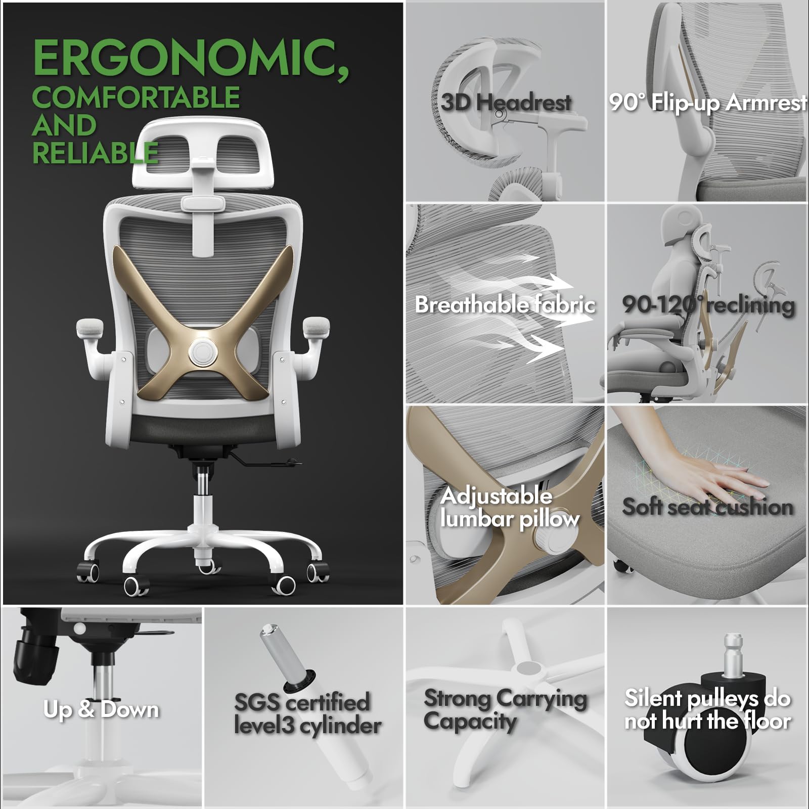 Ergalithic Ergonomic Office Chair - X-Shaped Computer Desk Chair Comfy, Gaming Chair, Office Chair with Lumbar Support, Mesh Office Chairs with Headrests, Desk Chair for Long Hours (Grey Gold)