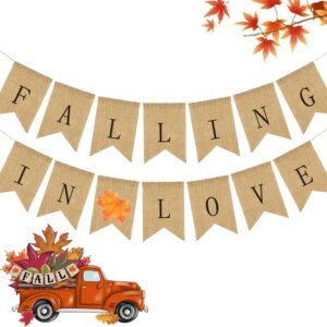 falling in love banner, thanksgiving burlap bunting garland with maple leave autumn harvest decorations for wedding bridal baby shower engagement anniversary graduation valentines party hanging decor