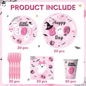 Happy BOO Day Birthday Party Decorations Set, Pink Halloween Birthday Plates,Napkins and Cups,Halloween Birthday Party Decorations for Girl, Girl Halloween Birthday Party Decorations,Serve 20 Guest.