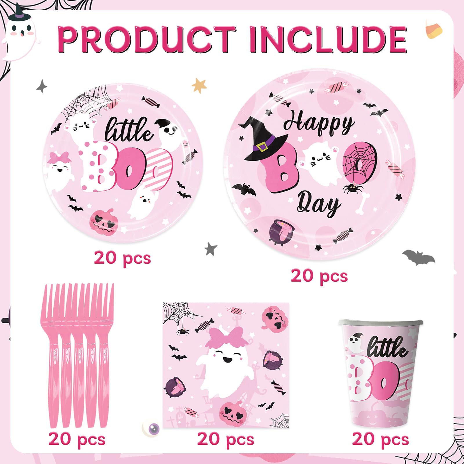 Happy BOO Day Birthday Party Decorations Set, Pink Halloween Birthday Plates,Napkins and Cups,Halloween Birthday Party Decorations for Girl, Girl Halloween Birthday Party Decorations,Serve 20 Guest.