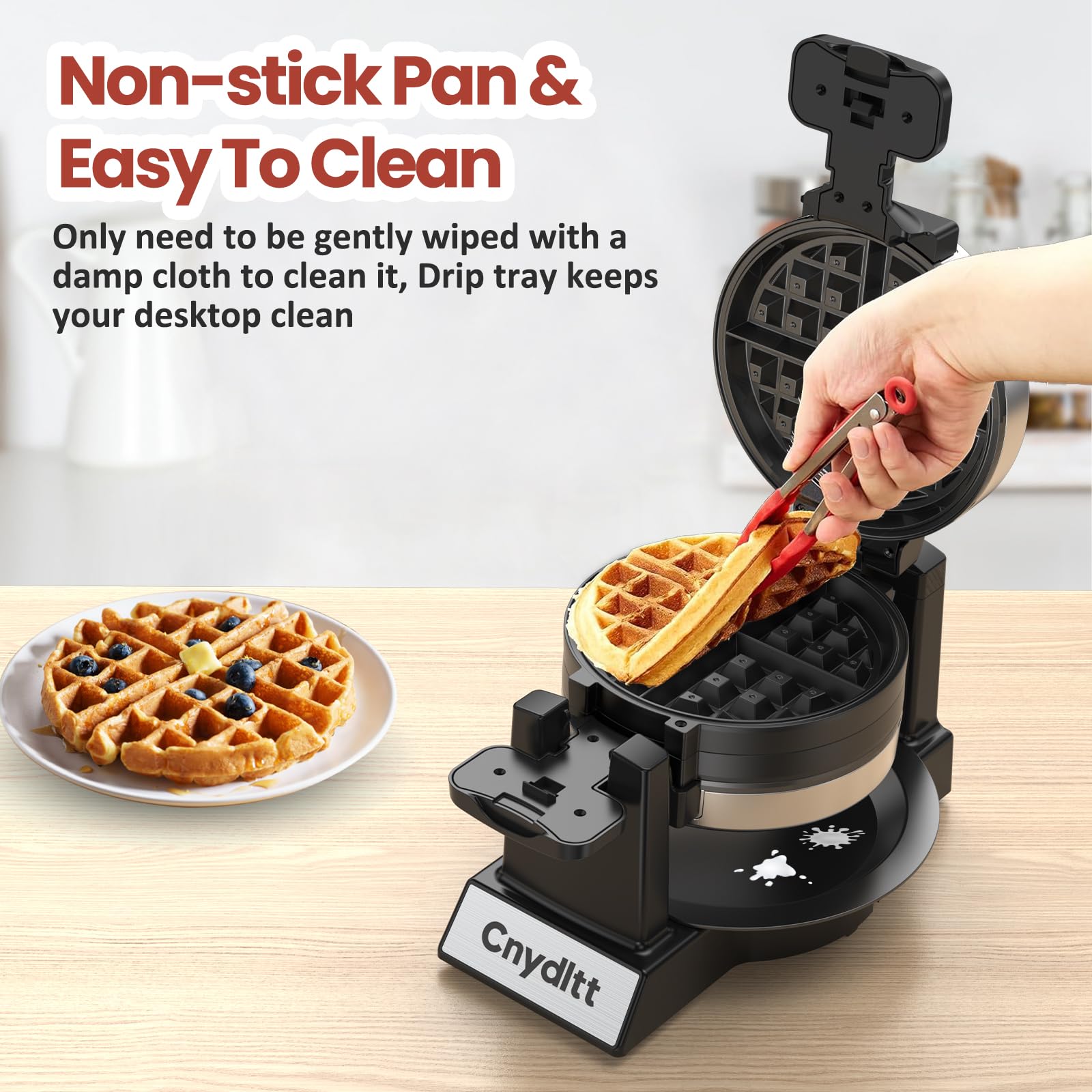 Cnydltt Double Waffle Maker, 1400W Rotating Belgian Waffle Iron with Nonstick Plates, 180° Flip, 8-Slice, Removable Drip Tray, Locking Lid & Cool Touch Handles, Stainless, Black