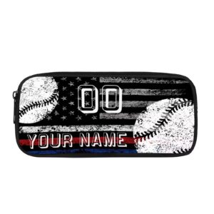 stuoarte personalized pencil case for kids teens boys, american flag baseball printed custom pencil pouch bag with zipper, big capacity pen bag pencil holder stationery bag multi-purpose bag